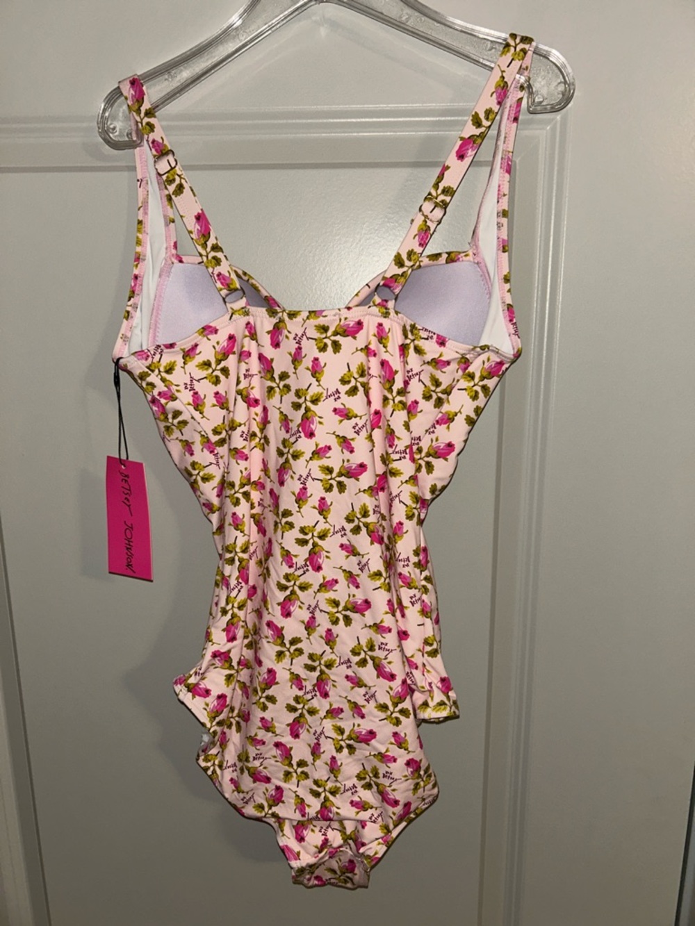 Betsey Johnson Floral Print Ruched swimsuit ROSES ROSE ROSEBUDS PINK SZ M NEW! - Picture 7 of 9